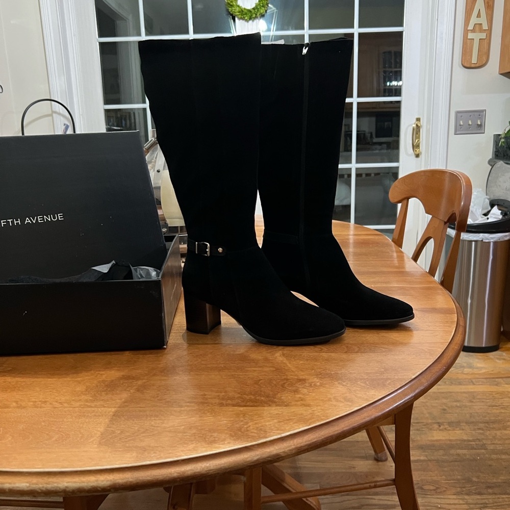 NWT Saks Fifth Avenue Black Suede Knee-High Boots